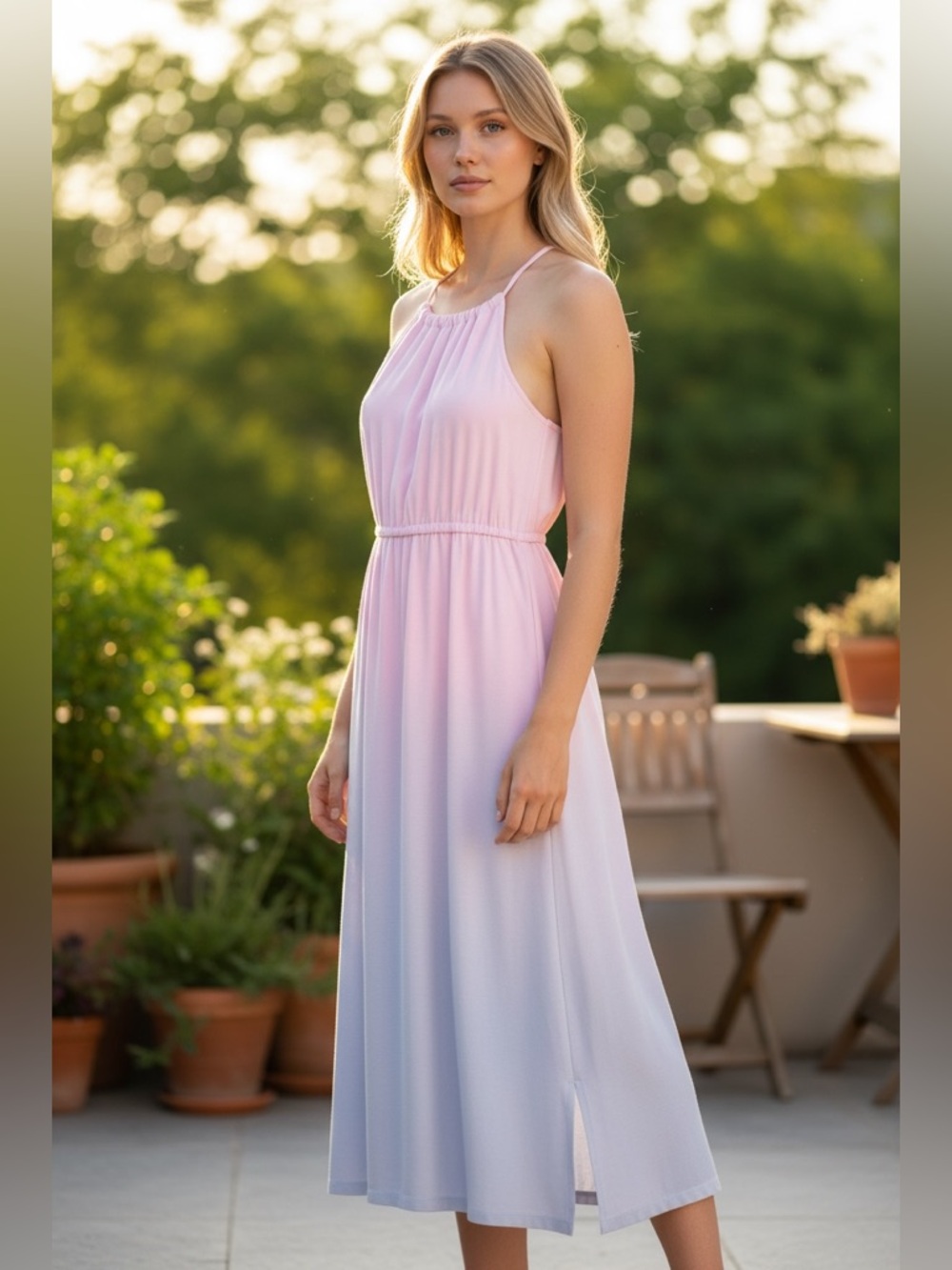 Girls' Halter Midi Dress in Light Pink Ombre